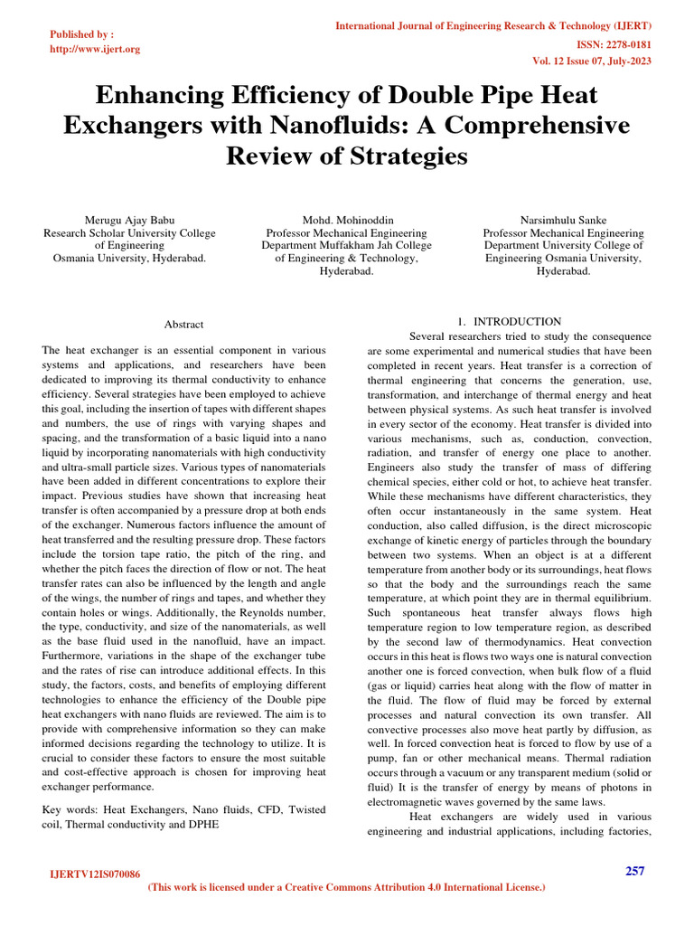 Nanofluids in Double Pipe Heat Exchangers | PDF | Heat Transfer | Heat ...