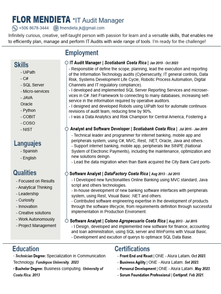 Flor Mendieta IT Audit Manager Clean | PDF | Software | Sql