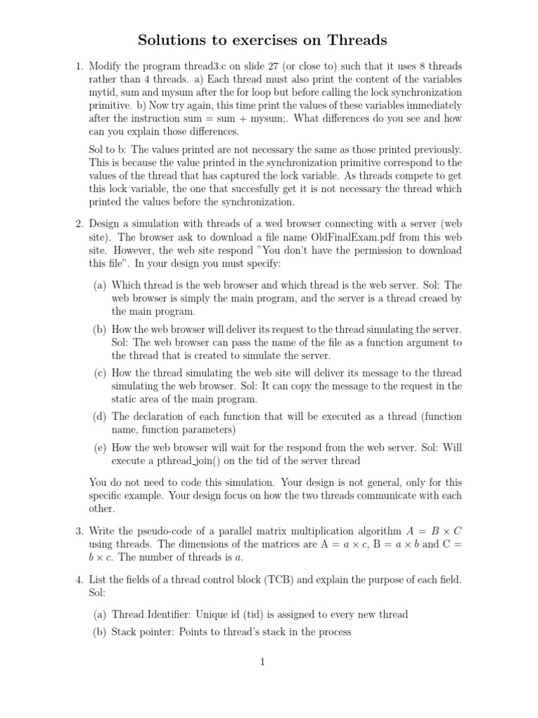 Exercises On Threads Solutions | PDF | Thread (Computing) | Process ...