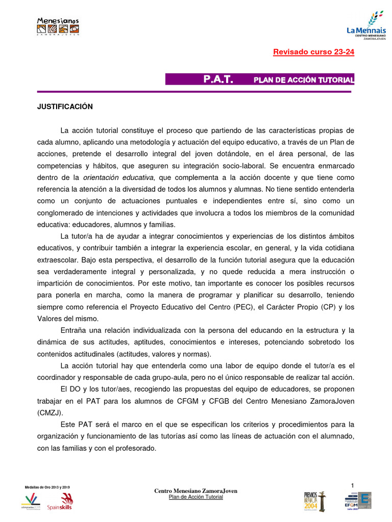 Plan de Acción Tutorial Centro Menesiano Zamora Joven (Actualizado 23 ...