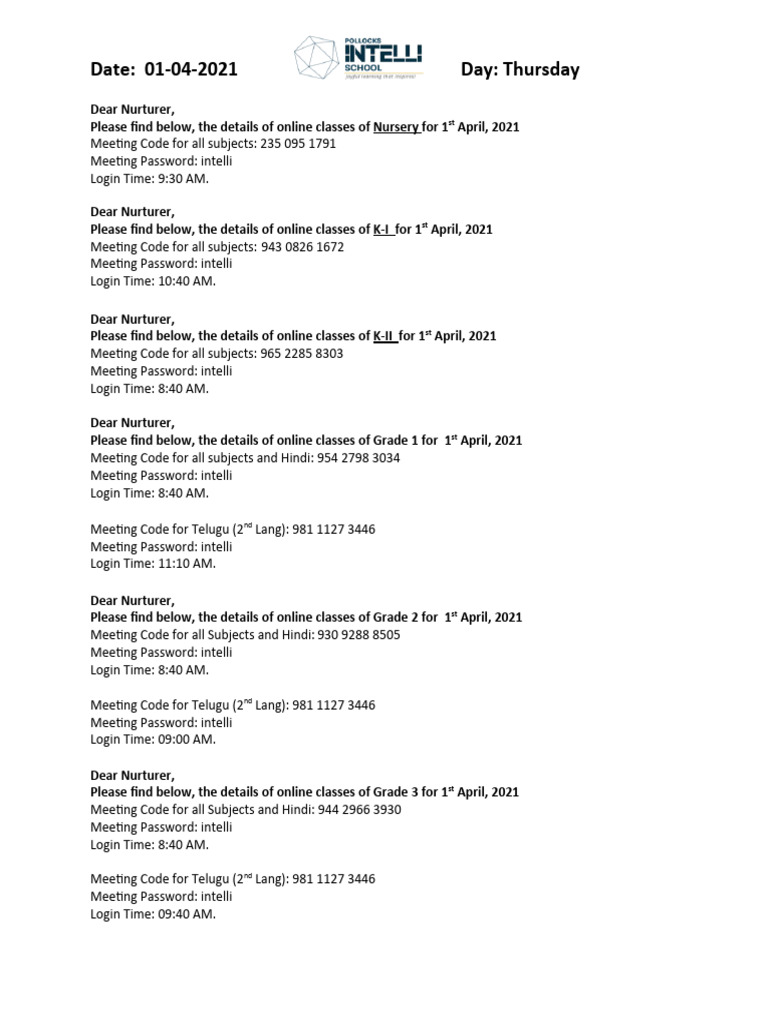 1st April Zoom Codes Thursday Copy PDF