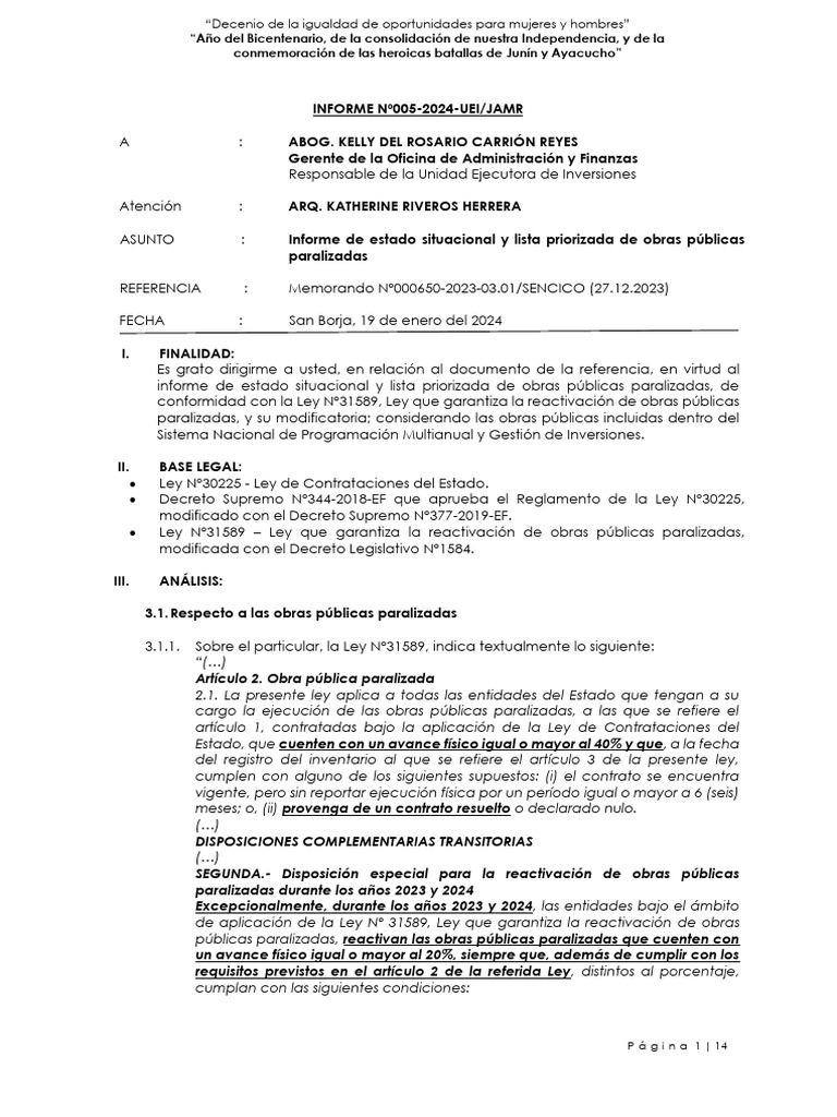 Informe N 005 2024 07 00 Uei Jamr Informe de Estado Situacional y Lista ...