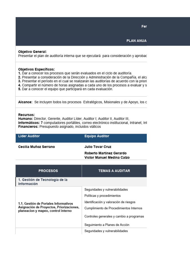 Plan Anual de Auditoría Interna | PDF | Presupuesto | Auditoría