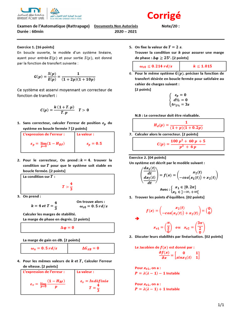Examen Automatique Rattrapage 2021 | PDF | Régulation | Mathématiques ...