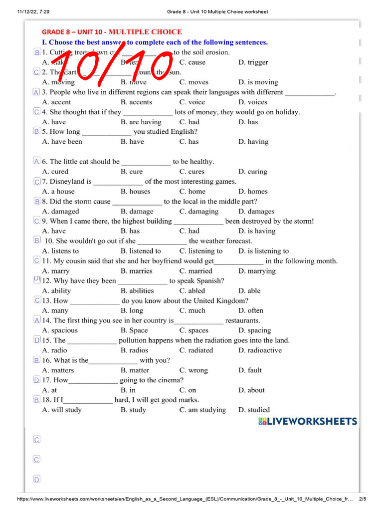 Grade 8 - Unit 10 Multiple Choice Worksheet | PDF