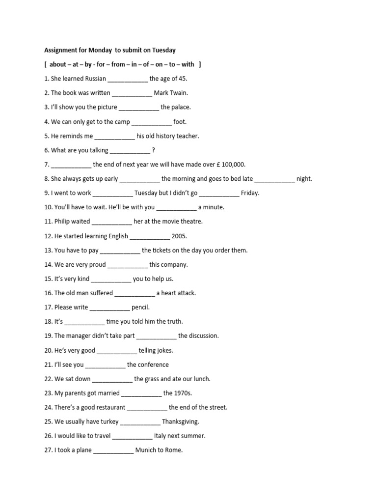 English Prepositions Assignment Guide | PDF