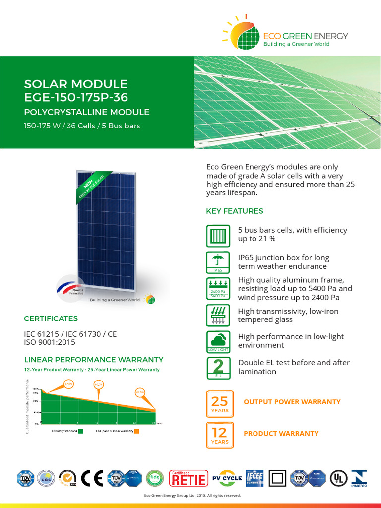 EGE-150-175P-36 Solar Module Specs | PDF | Solar Panel | Electricity