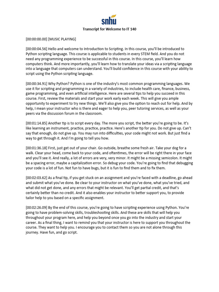 Transcript For Welcome To IT 140 | PDF | Computer Programming | Python ...