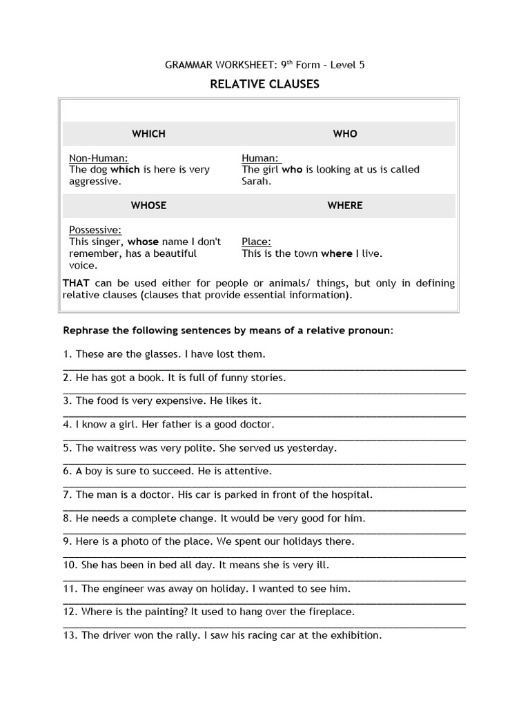 Relative Clauses Grammar Worksheet | PDF | Linguistic Morphology ...