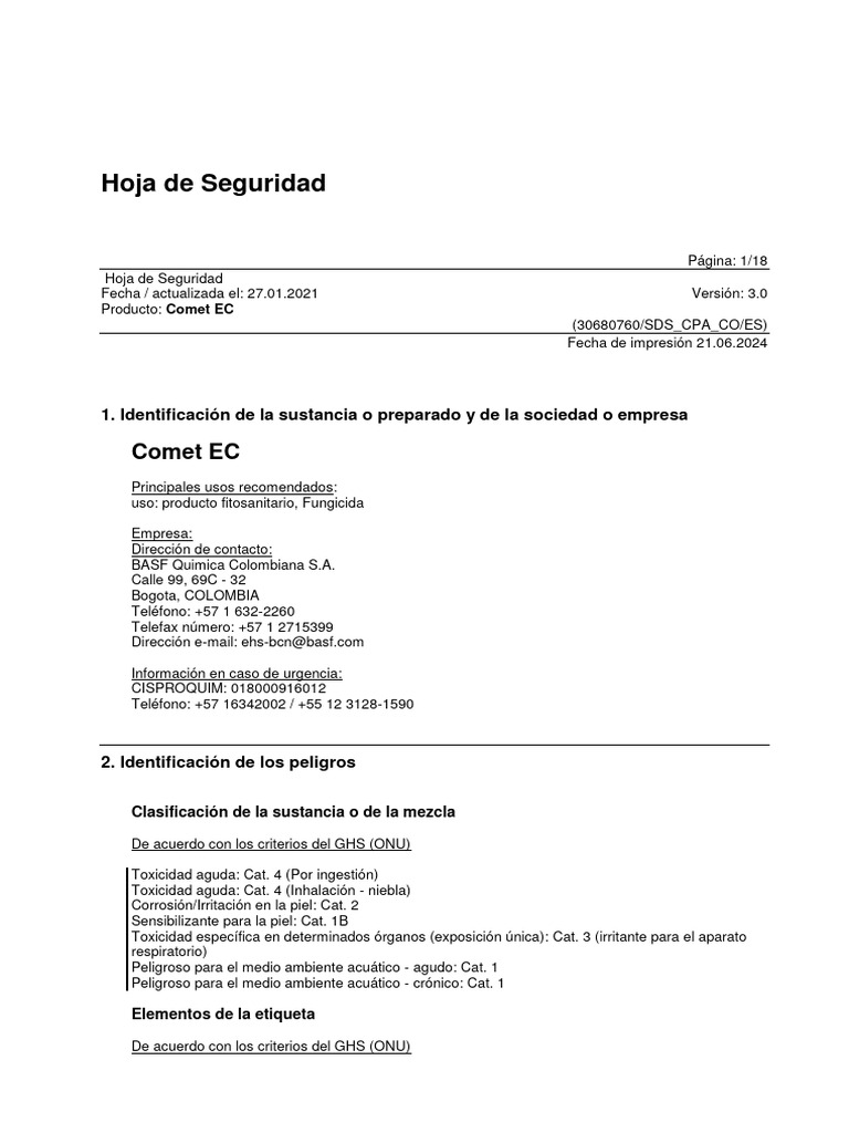 Hoja de Seguridad Comet EC 3.0 | PDF | Toxicidad | Solvente