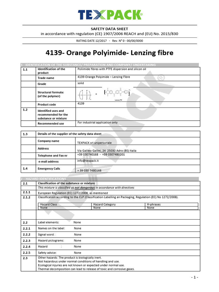 4139 Msds Orange Polyimide Lenzing Fibre 1 | PDF | Toxicity | European ...