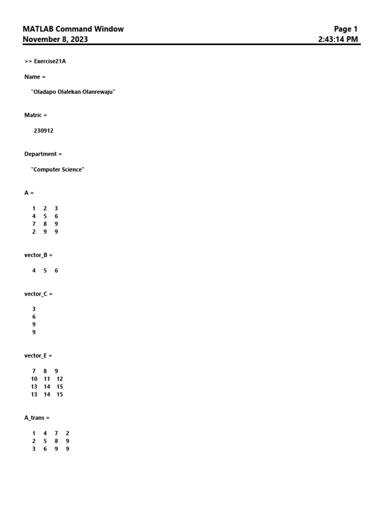 MATLAB Command Window Exercises | PDF | Teaching Methods & Materials
