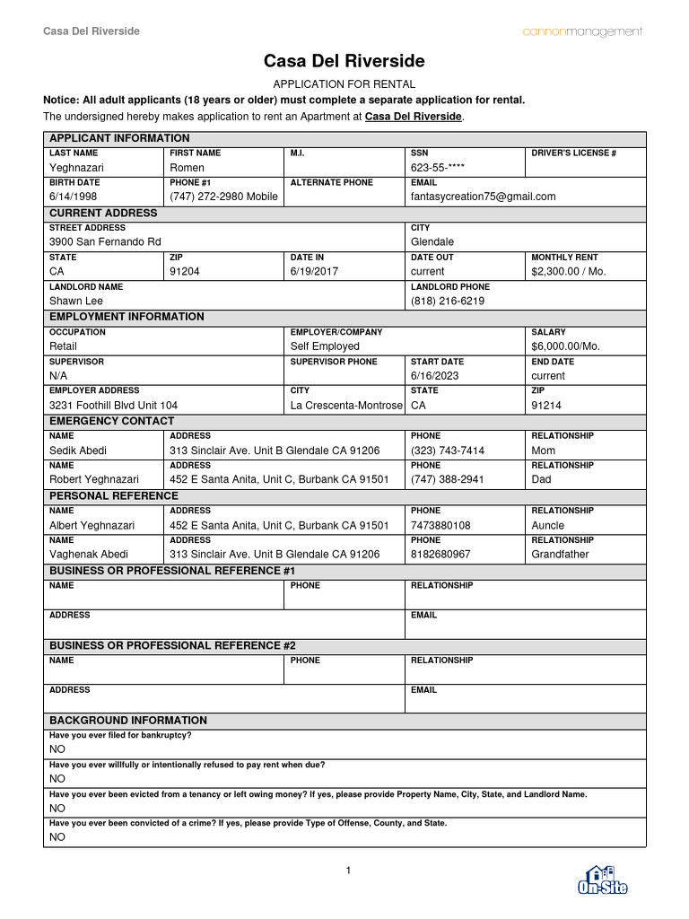 Casa Del Riverside Rental Application | PDF