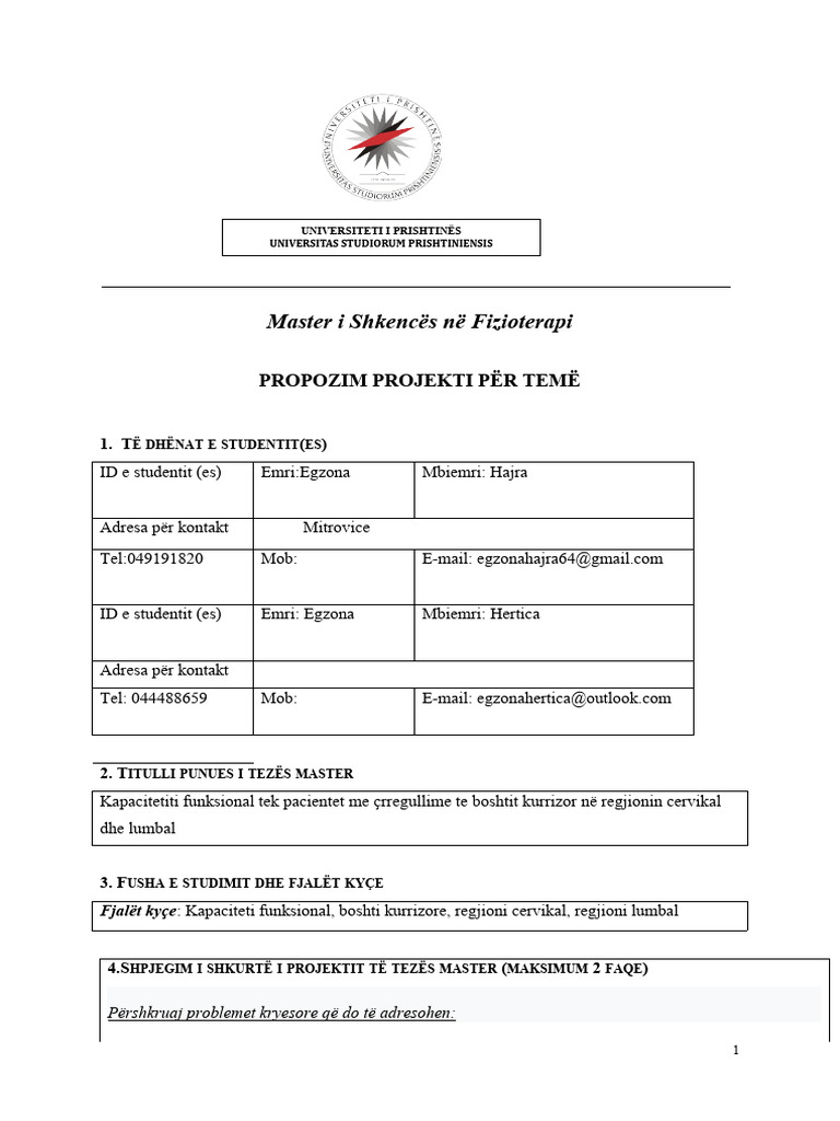 Master I Shkencës Në Fizioterapi: Propozim Projekti Për Temë | PDF