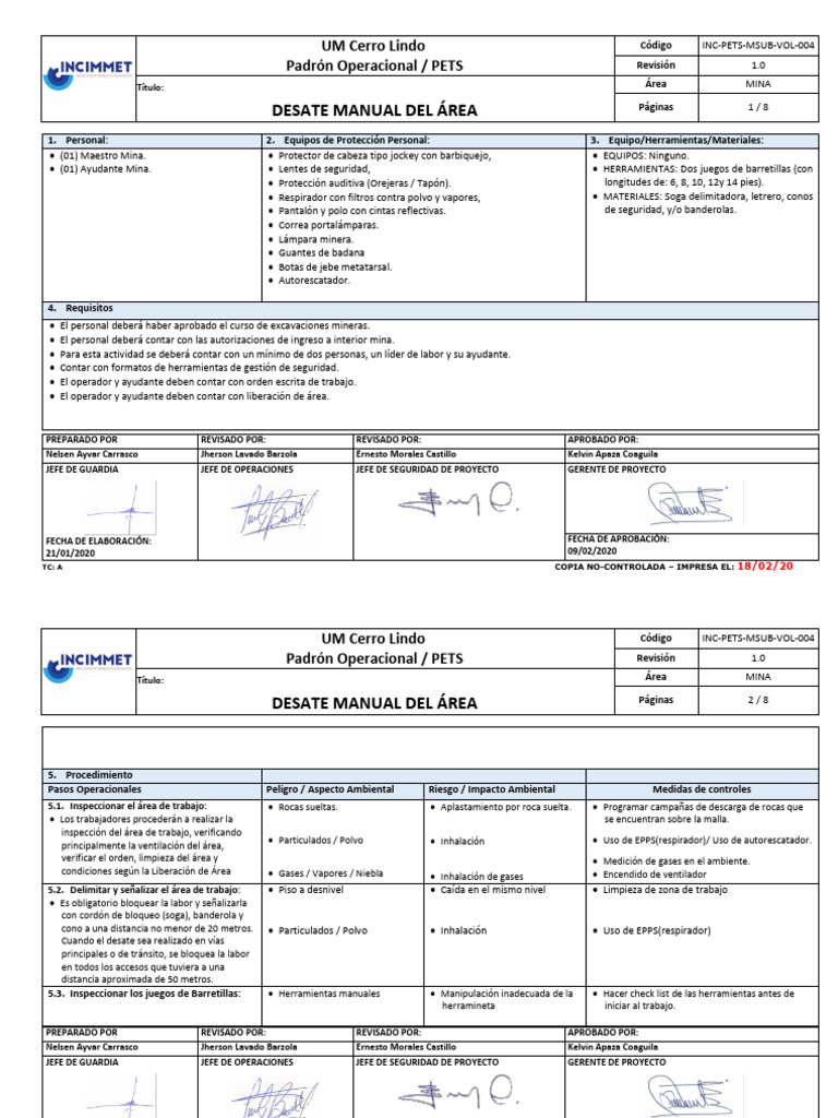 Manual de Desate en Mina Cerro Lindo | PDF | Materiales