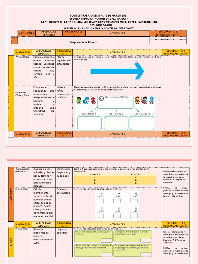 Plan Semanal 2º Grado Primaria | PDF