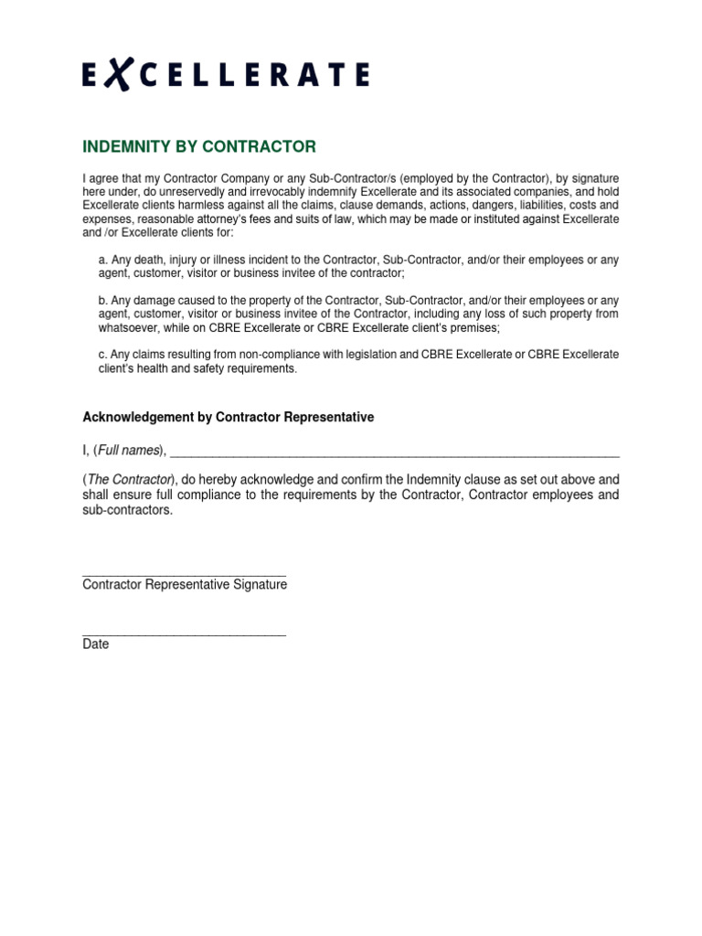 Contractor Indemnity Agreement Template | PDF | Law | Technology ...