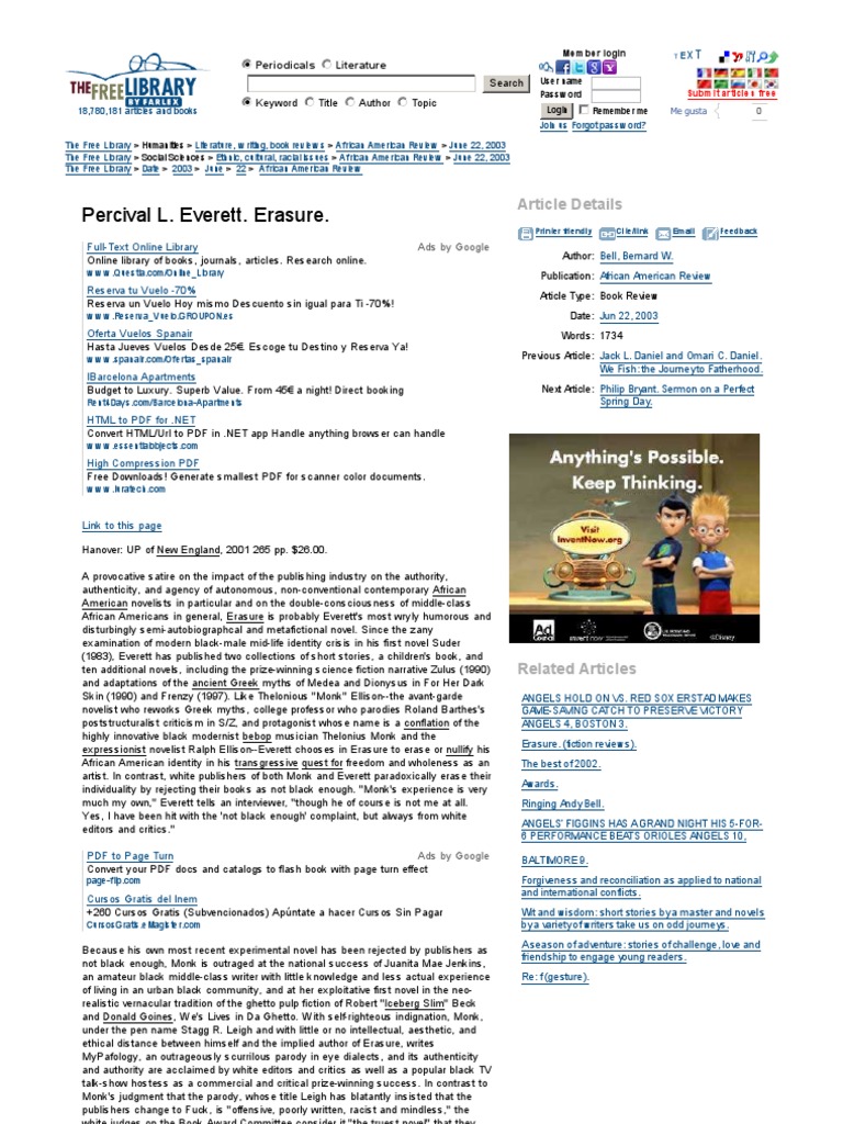 Percival L. Everett. Erasure. Free Online Library PDF Novels