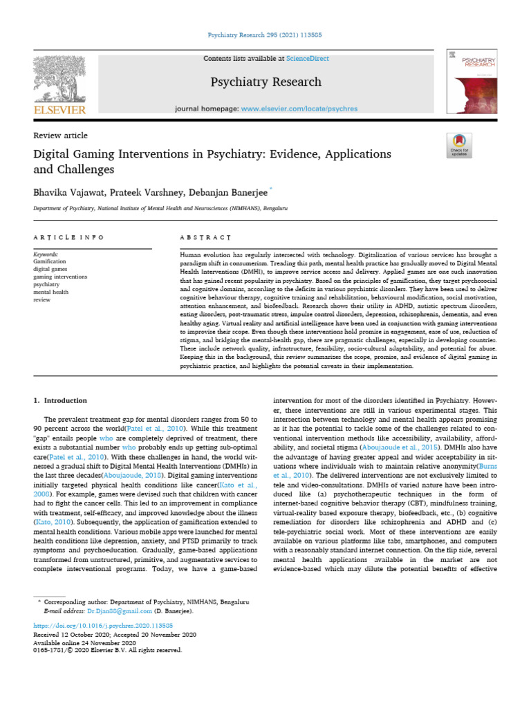 Digital Gaming in Psychiatry: Review and Challenges | PDF | Mental ...