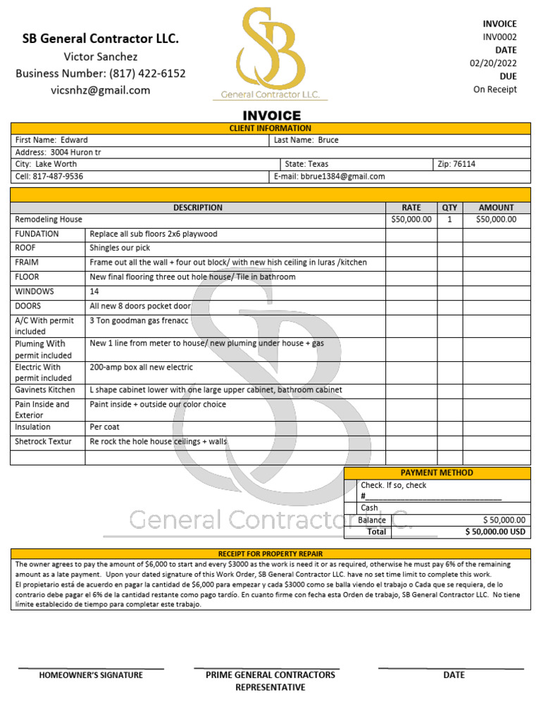 SB Contractors LLC Remodeling Invoice | PDF | Building Engineering ...