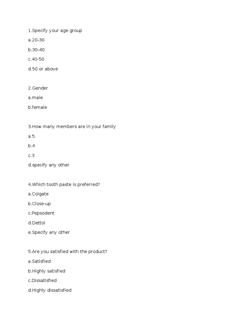 Questionnaire for Brand Preference