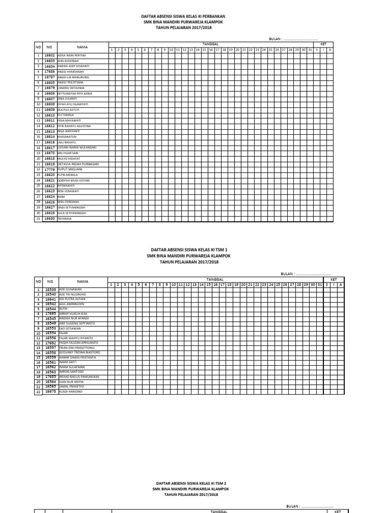 Daftar Absensi Siswa SMK 2017/2018 | PDF