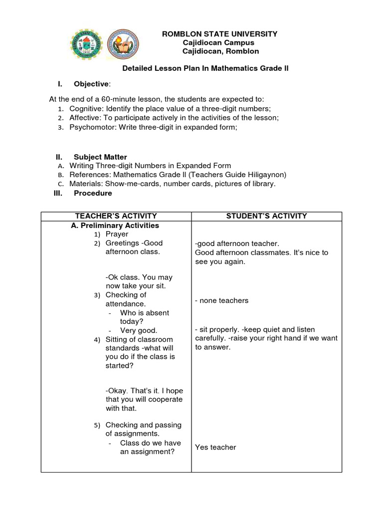 Detailed Lesson Plan In Mathematics Grade llI PDF Teachers Lesson