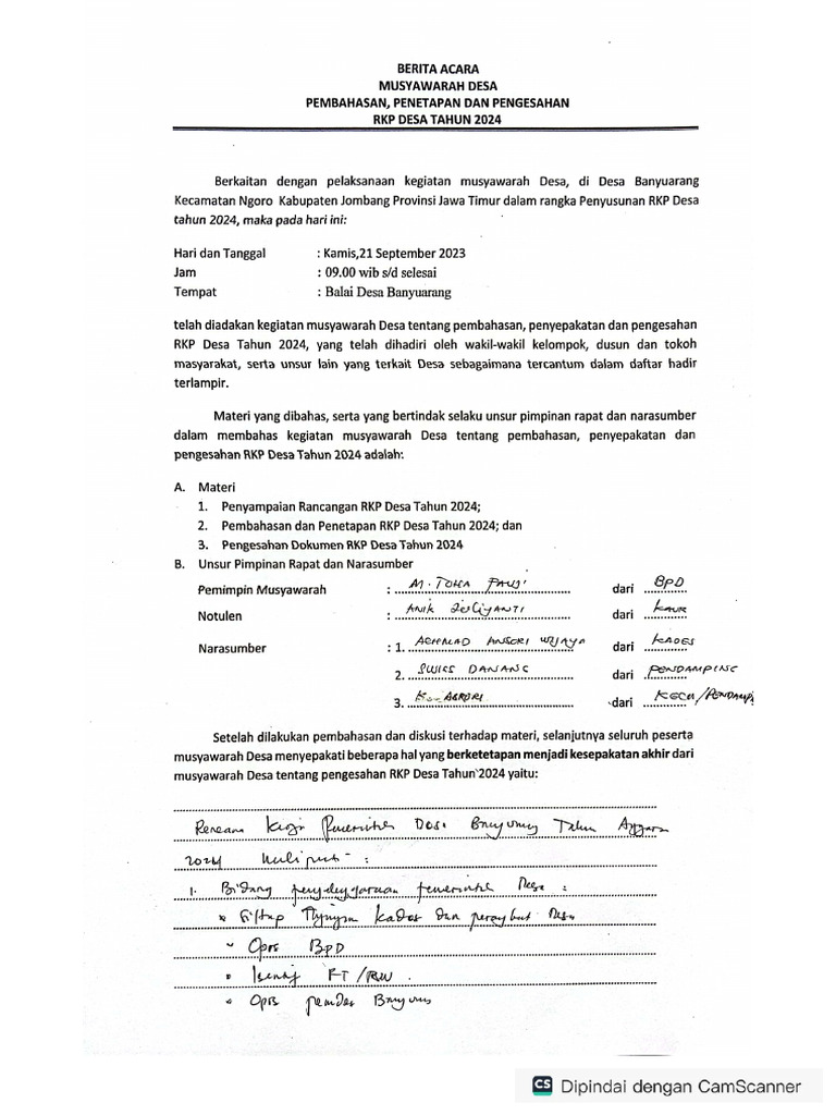 Ba Musdes Pembahasan Penetapan Dan Pengesahan Rkp Desa Tahun 2024 Pdf