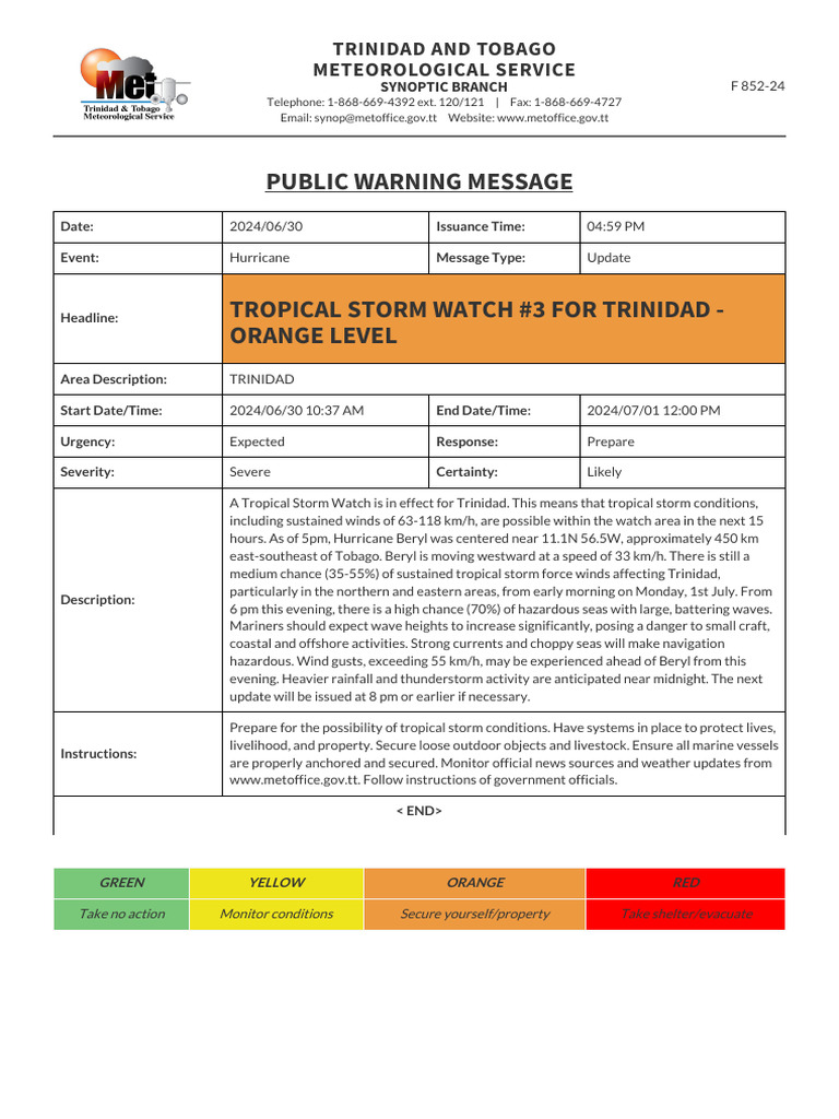 Public Warning Message - Tropical Storm Watch #3 For Trinidad - ORANGE ...