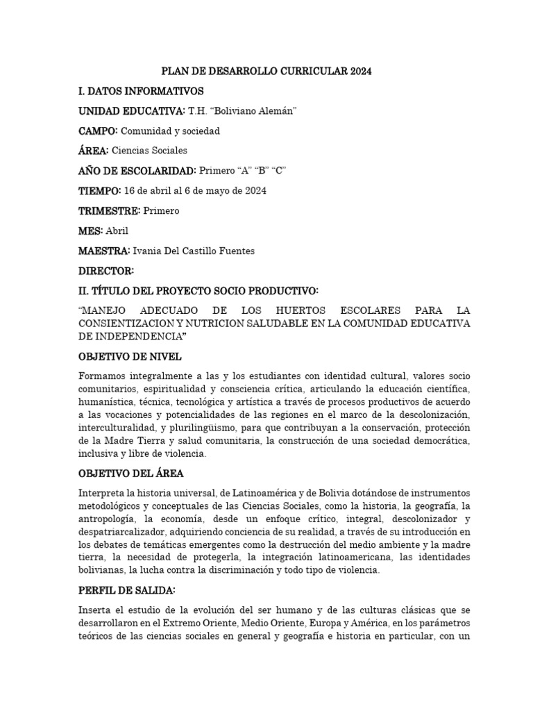 Abril 2024 Plan de Desarrollo Curricular Boliviano Aleman | PDF ...
