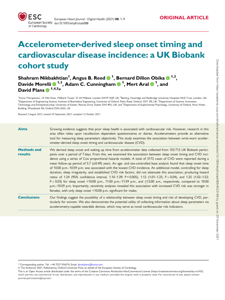 Accelerometer-Derived Sleep Onset Timing and | PDF | Cardiovascular ...