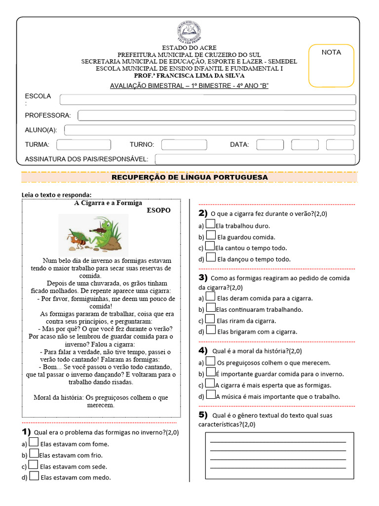 RECUPERAÇAO DE PORTUGUES - 4º ANO - 1º BIMESTRE 2024 | PDF