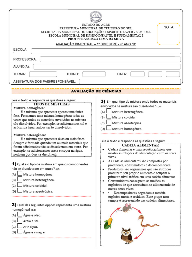 AVALIAÇAO DE CIÊNCIAS - 4º ANO - 1º BIMESTRE 2024 | Download grátis PDF ...