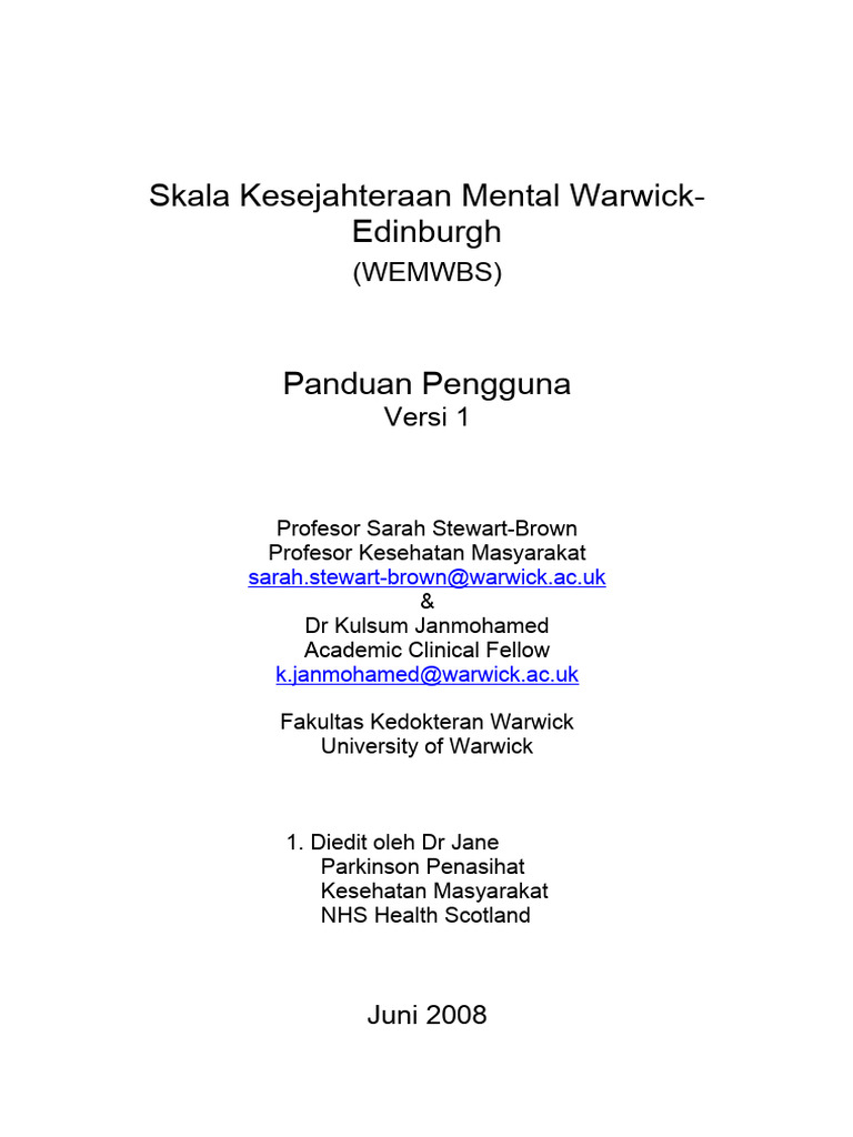 Panduan Skala Kesejahteraan Mental WEMWBS | PDF | Kesehatan Holistik