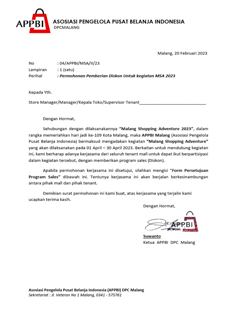 Surat Permohonan Diskon Tenant Msa 2023 | PDF
