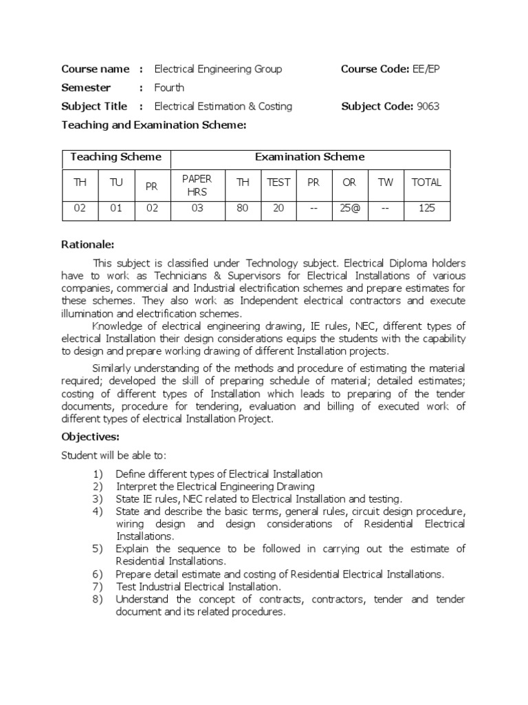 Electrical Estimation and Costing 9063 PDF Electrical Wiring