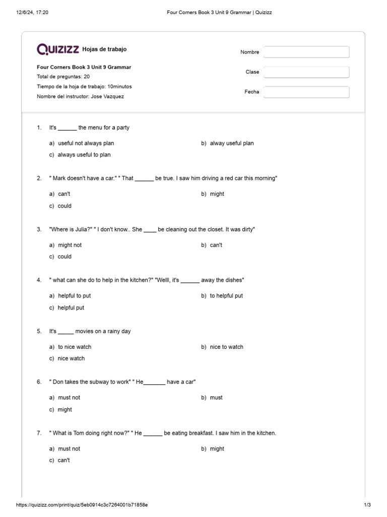 Four Corners 3 Unit 9 Grammar Quiz | PDF