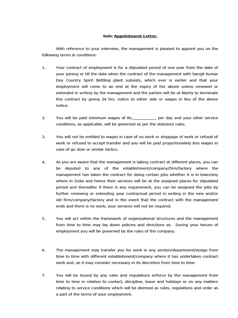 Contractual Appointment Letter Template | PDF | Employment | Private Law