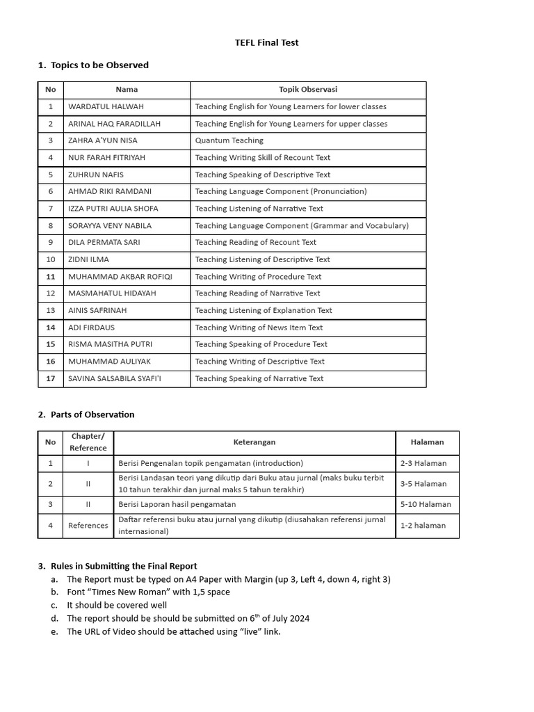 TEFL Final Test Observation Topics | PDF | Cognition | Psycholinguistics