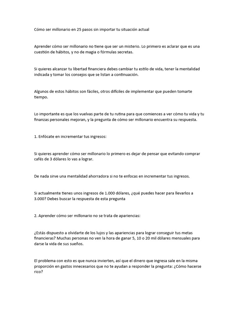 Cómo Ser Millonario en 25 Pasos Sin Importar Tu Situación Actual | PDF ...