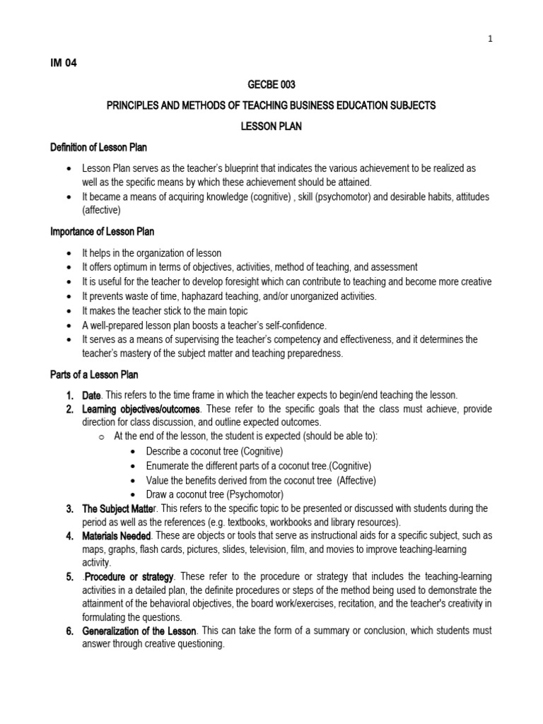 Im 04 Lesson Plan Pdf Lesson Plan Teachers