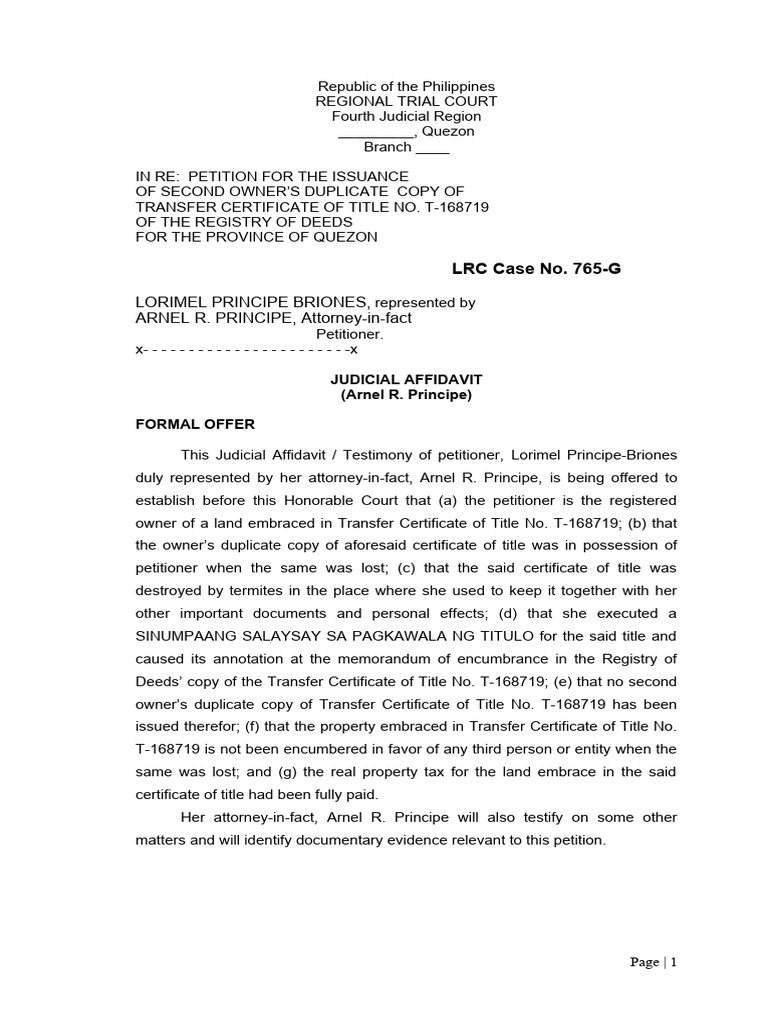 Judicial Affidavit Arnel Principe | PDF | Title (Property) | Perjury