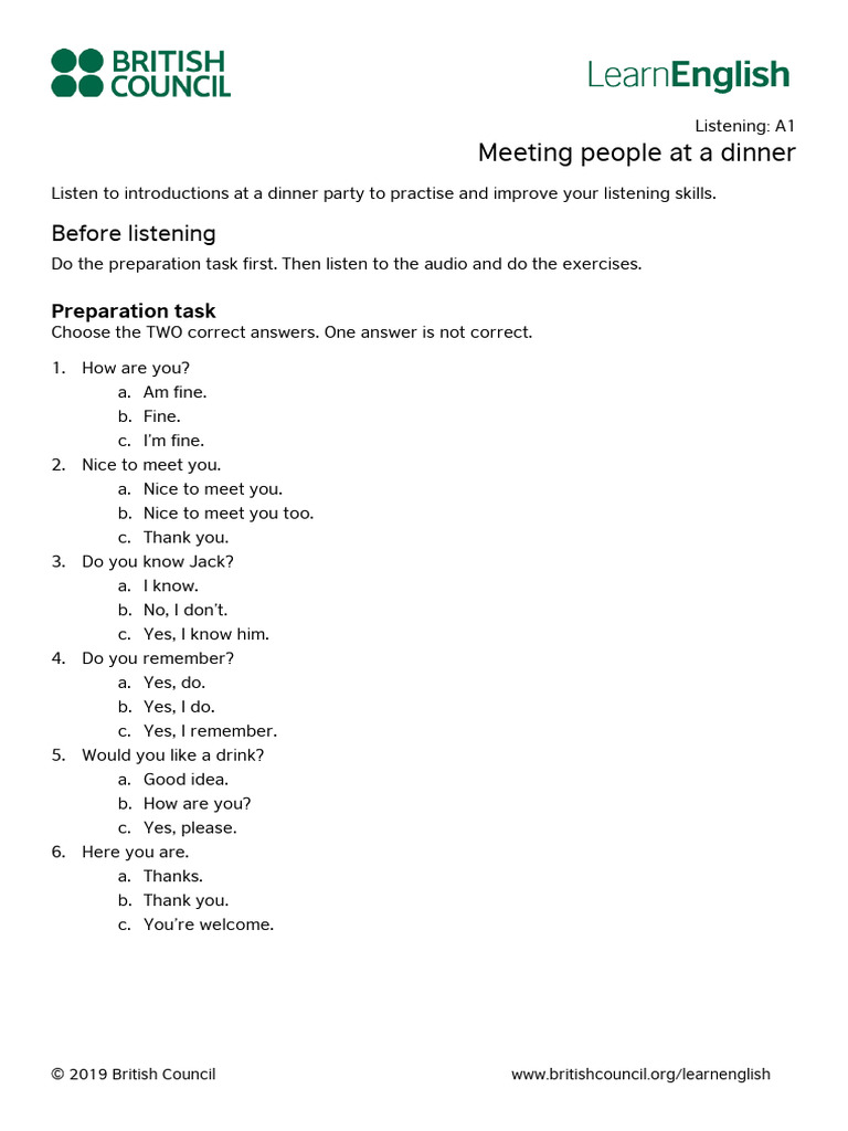 Learnenglish Listening A1 Meeting People At A Dinner ﾄ妥 G P Pdf