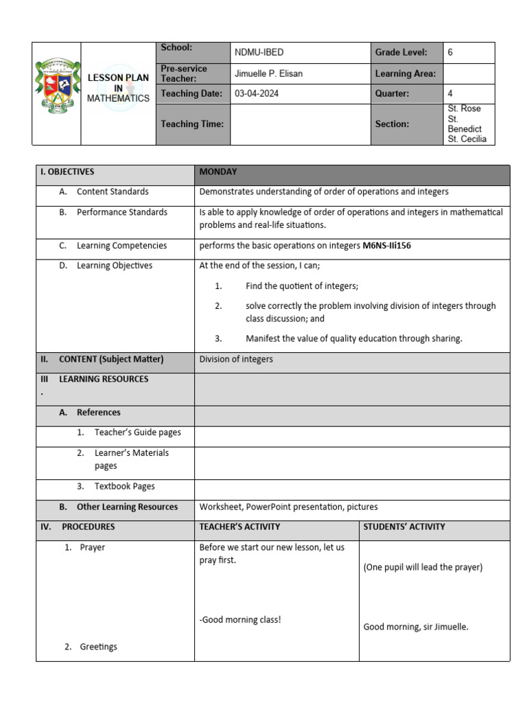 Grade 6 Math Lesson Plan: Division of Integers | PDF | Multiplication ...
