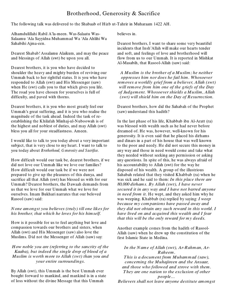 Brotherhood, Generosity, and Sacrifice in Islam | PDF | Muhammad ...