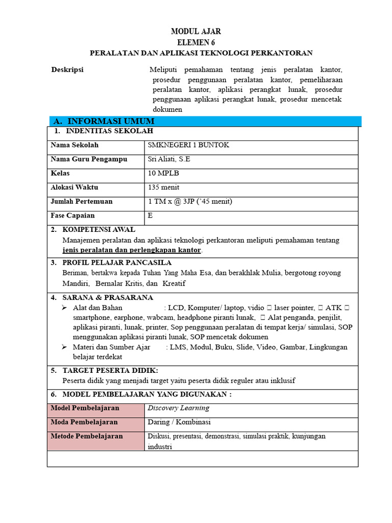 Elemen Modul Ajar Peralatan Kantor | PDF