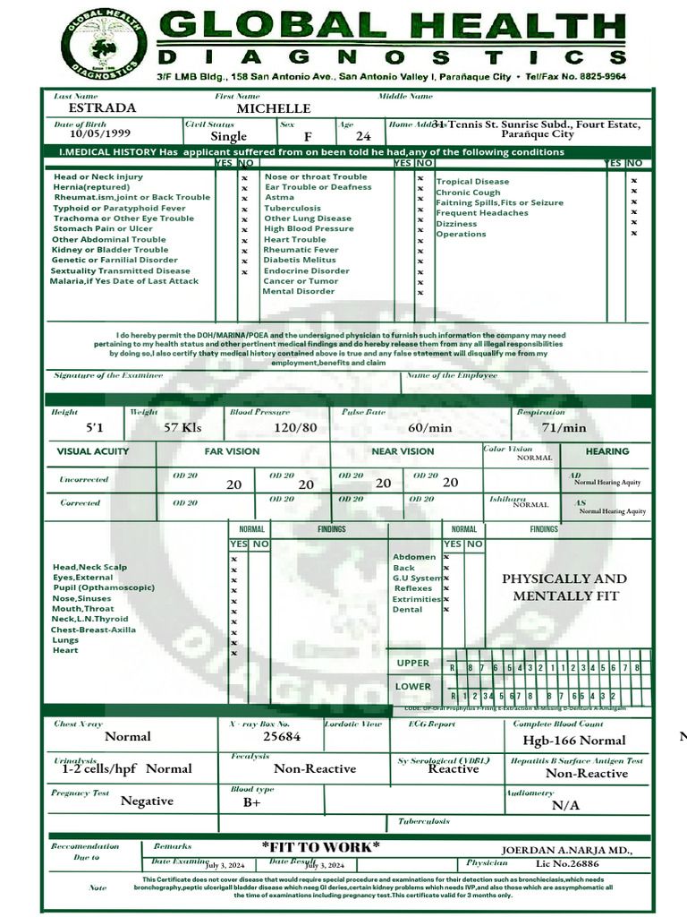 Medical History and Examination Report | PDF | Clinical Medicine ...