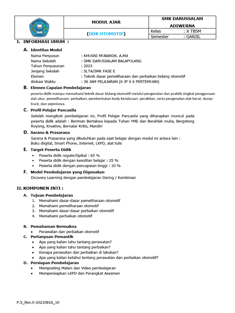 Modul Ajar Otomotif SMK Darussalam | PDF | Karier & Perkembangan