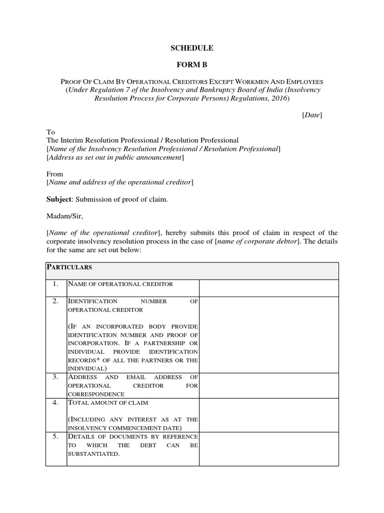 Form B: Proof of Claim for Creditors | PDF | Bankruptcy | Creditor
