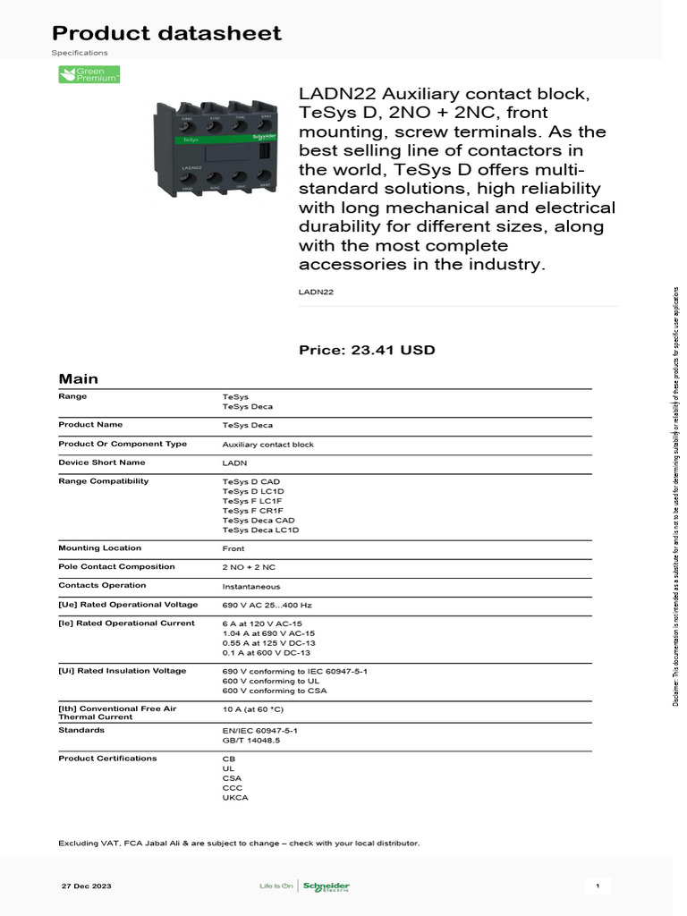 LADN22 TeSys D Auxiliary Contact Block | PDF | Electrical Engineering ...